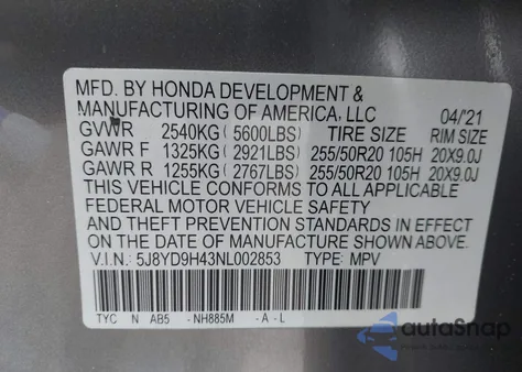 2022 Acura Mdx Technology Package from USA, damaged, VIN 5J8YD9H43NL002853